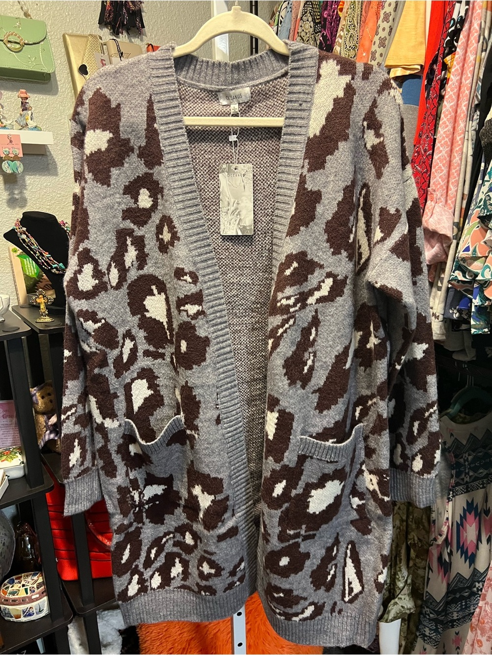 Oceanus Open-Front Animal-Print Cardigan Sweater - Gray & Brown